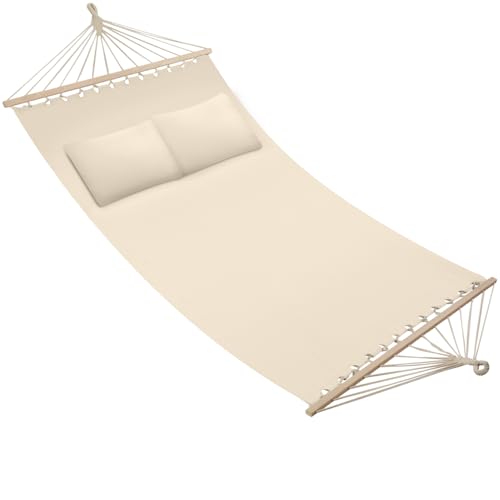 tectake® 2-Person Garden Hammock with Soft Surface & 2 Plush Pillows, Durable & Secure Suspension, 240 kg Load Capacity, Easy Setup, Spacious Double Hammock for Backyard, Patio, Camping - Beige