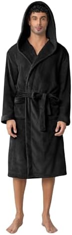 Men's Hooded Fleece Bathrobe, Absorbent Anti-Static Plush Robe for Men with Pockets, Warm Soft for Home and Spa