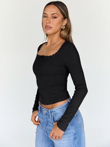 Trendy Queen Womens Long Sleeve Shirts Crop Square Neck Ribbed Tops Basic Slim Fit Y2K Fall Winter Clothes Outfits 20253