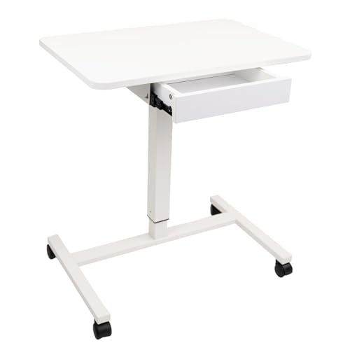 Image of CLATINA Mobile Laptop Standing Desk Adjustable Height, Computer Desk Teacher Podium with Lockable Wheels, Work Table with Drawer, Portable Rolling Side Table Bed Desks for Home Office Classroom, White