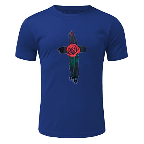 Ailezt Mens T Shirt Big And Tall Shirts Summer Fashion Casual Round Neck Small Print Shirt Short Sleeve Thin Cotton Blue #TOP1