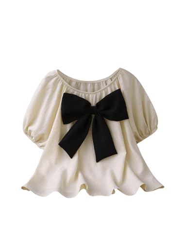 SweatyRocks Girl's Short Sleeve Shirts Summer Crewneck Tops Casual Cute Bow Puff Sleeve Blouses