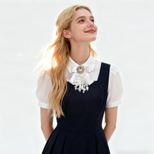 Image of Lace Ribbon Bow Tie Brooch Rhinestone Pearl Necktie for Girl Women Fashion jabot collar brooch pins Pre-Tied Corsage