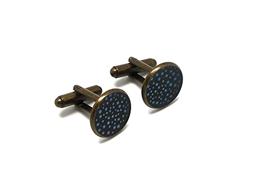 Boutons de manchette costume homme motif étoiles bleu noir en laiton bronze doré