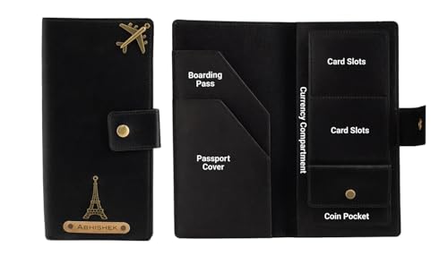 Image of AICA Personalized Name & Charm Long Leather Wallet Passport Cover (Black) with Passport Boarding Pass Organizer Currency Card & Coin Holder for Men & Women | Birthday Anniversary Travel Office Gifts