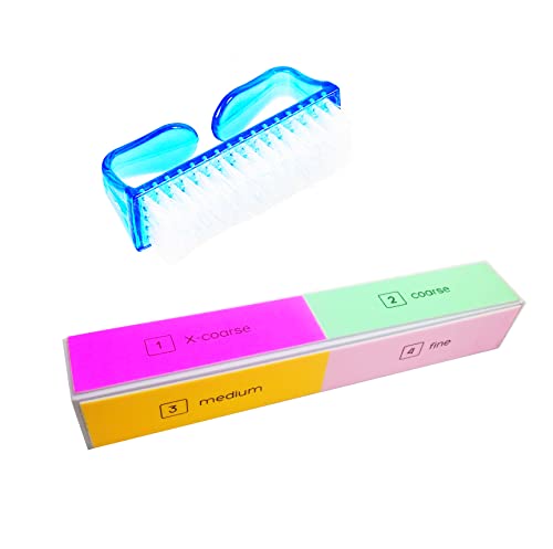 Nail Buffer Block, 4 Way Nail Art Shiner 4 Step Buffing – File, Remove, Smooth, Shine – big Natural Nail Polisher Sanding File Block for Professional Manicure Nail Care DIY or Nail Salon Pack with nail brush of 2pcs