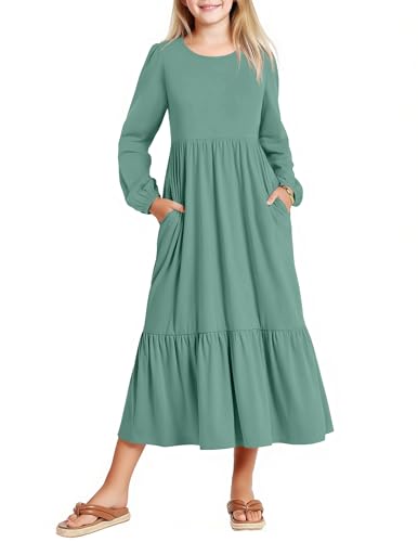 Image of Arshiner Girls Maxi Dresses Lantern Long Sleeve Casual Holiday Dress with Pockets for 5-14 Y