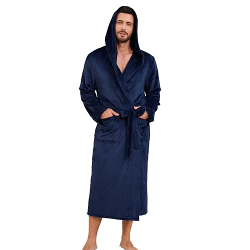 Image of Mens Hooded Fleece Robe, Lightweight Soft Warm Fleece Bathrobe Shower Spa Long Robe With Pockets