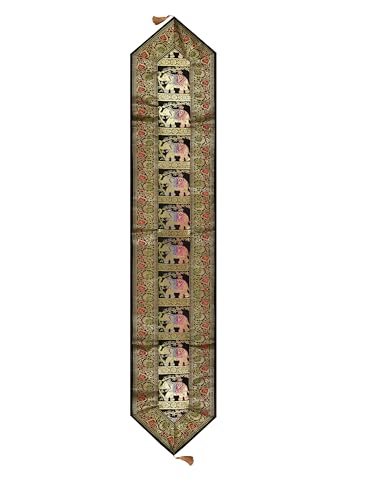 Image of Banarasi Brocade Zari Silk Table Runner Dinning & Centre Table Runner 177 By 30 CM (Black, Elephant)