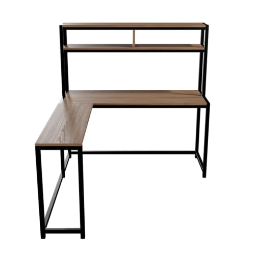 Image of Riyan Luxiwood Hutch Corner Study Table with Two Tier Shelf, Multi-Utility Office Table, Large Work Space, Corner Desk (150 X 150 X 150 Cm) (Beige)