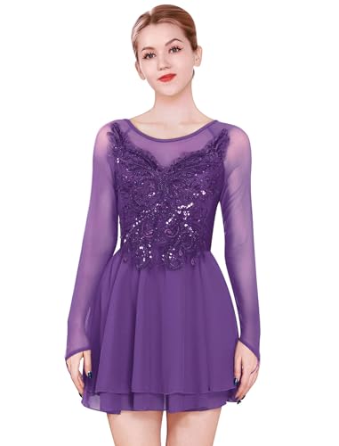 FYMNSI Damen Tanzkleid Eiskunstlauf Kleid Langarm K�rkleid Rollkunstlauf Wettbewerb Tanzanzug mit Pailletten Blumen Mesh Chiffon Rock Ballettkleid...