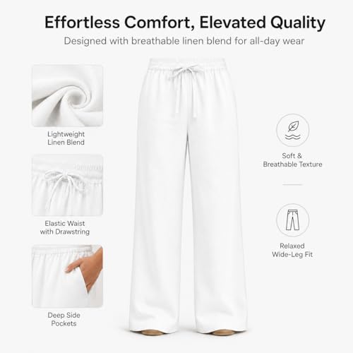 Image of Women Linen Wide Leg Pants High Waist Drawstring Elastic Waist Trousers Breathable Lightweight Summer Palazzo Pants Casual Travel Lounge Wear with Pockets