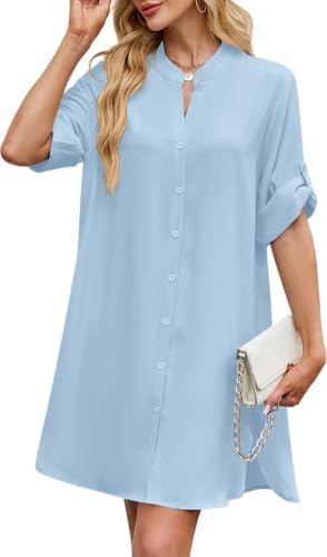 Image of PerZeal Womens Sexy V Neck Button Down Shirt Dresses Summer Short Sleeve Casual Loose Blouses & Button-Down Shifts Cover Ups