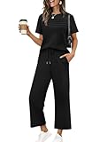 Desol Damen Trainingsanzug Jogginganzug Zweiteiler für Sommer - Kurzarm Oberteil mit Raffung und Weite 7/8 Hose mit Taschen - Loungewear für Reisen & Freizeit & Hausgebrauch
