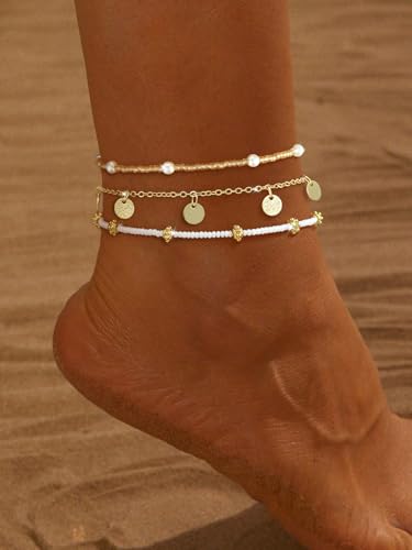 Image of Gold Ankle Bracelets for Women,14k Gold /Silver Plated Waterproof Layered lightweight Cuban Link Figaro Chain Heart anklet Bracelets Set Gold Anklets for women Trendy Jewelry Gift