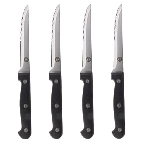 MasterChef Steak Knife Set of 4 Serrated Stainless Steel Knives with 11cm / 4.5 inch Blades, Stylish & Ergonomic Black Riveted Handles Made From ABS Plastic, 4 Piece Cover