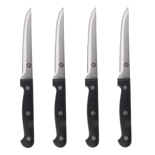 MasterChef Steak Knives Set of 4, Hand Sharpened, Serrated Stainless Steel Blades measure 11cm (4.5in) with Traditional Black Triple Riveted Comfort Grip Handles, Dishwasher Safe 4pc Steak Knife Set