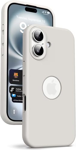 Image of Elzzi Microfiber Logo Cover Compatible for iPhone 16 Plus Case Liquid Silicone Cases Full Body 4 Layer Protective Covers Shockproof Back Cover (Stone)