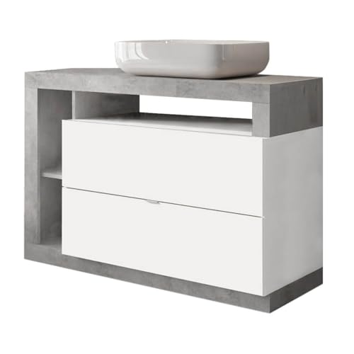 AltoBuy Arturo - Meuble Vasque 110cm 2 tiroirs Blanc laqué et Aspect béton