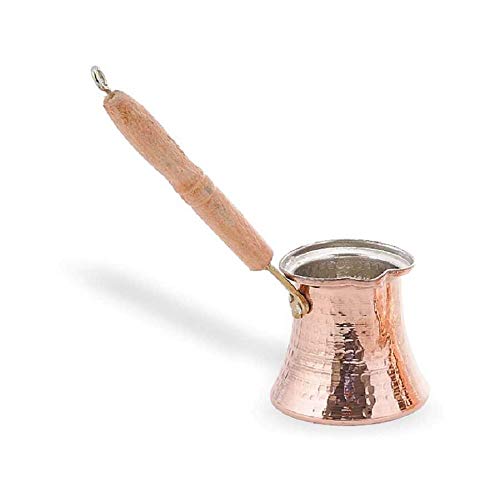 Destalya Turkish Coffee Pot 6.76 fl oz Hammered Copper Warmer Small Stove Top Cezve (Pot 3 wood handle)