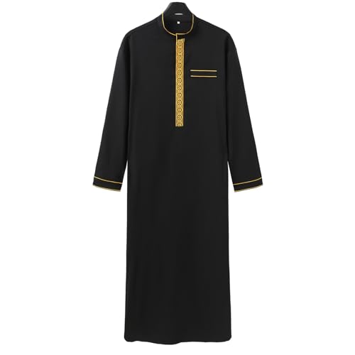 Caftan homme brodé haut de gamme robe musulmane de prière noire manches mi-longues