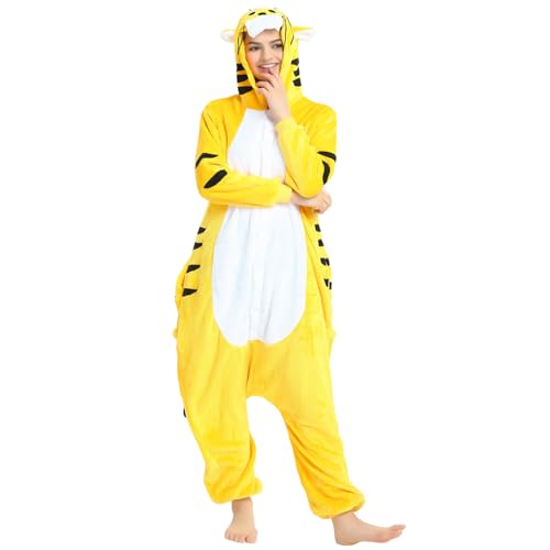 zpllsbratos Unisexe Adulte Pyjama Animaux Cosplay Halloween Costume Déguisement Combinaison Vêtement de Nuit Femme Homme (Jaune Tigres,S)