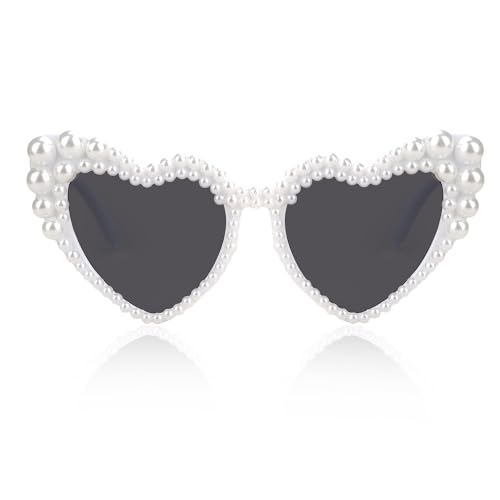 Hanj Love Heart Pearl Sunglasses for Women Rhinestone Glasses Bachelorette Party Bride Sunglasses