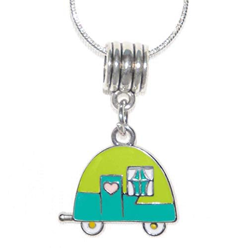 Retro Trailer Necklace with Blue & Green Enamel Pendant - 18 Inch Chain - RV Camping Gift
