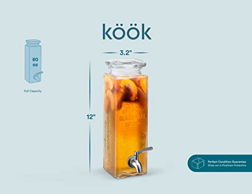 Kook Glass Drink Dispenser, With Leak-Proof Stainless Steel Spigot, Clear Rectangular Mason Jar, Beverage Storage For Fridge, For Water, Iced Tea, Sangria, Lemonade, 80 Oz #TOP5