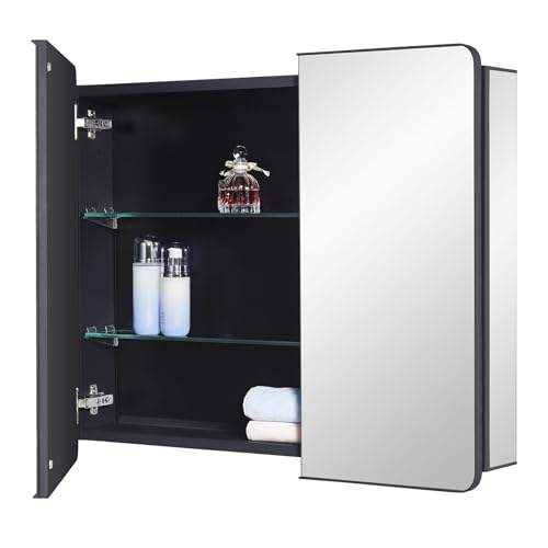 Image of IDYLLOR Black Bathroom Mirror Medicine Cabinet with Round Corner Framed Door 30 x 25.6 inch, Recessed or Surface Mount, with Adjustable Glass Shelves