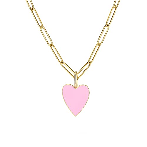 Heart Necklace for Women Girls,Preppy Jewelry Dainty Paperclip Chain Necklace for Women,Cute Pink Heart Preppy Necklaces 16+2 Inches