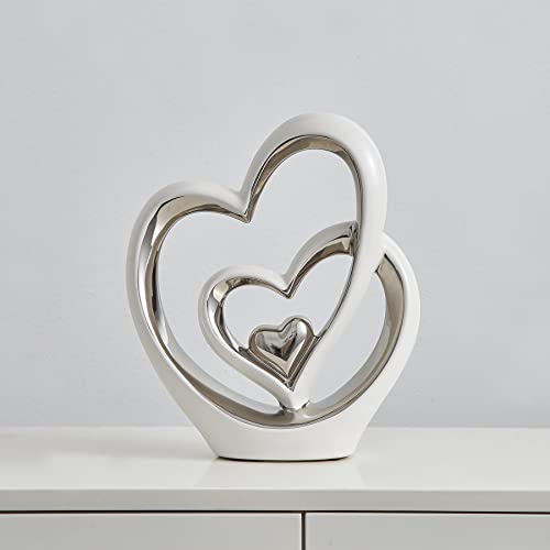 Fjs Heart Statue For Living Room Decor, Couple Love Sculpture, Modern Ceramic Statue, Love Figurines For Home Living Room Bedroom Decor, Wedding Valentine's Day Romantic Gift (A, White And Silver) #TOP3