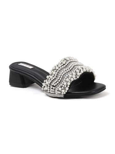 Image of ELLE Women's Elegant Pearl Sandal Beaded Low Heel Sandals for Special Occasions