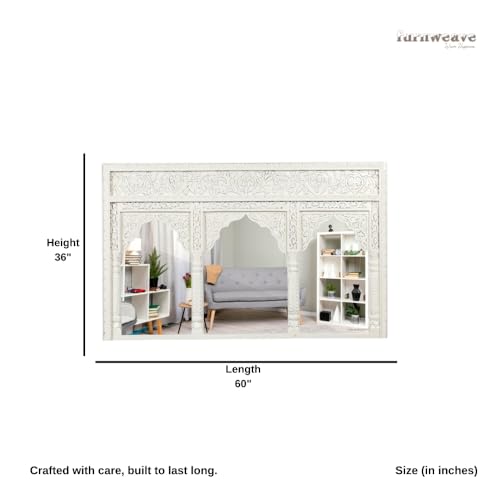Image of JAE Furniture Kani Wooden Carved Mirror Full Length | Handcrafted Three Arch Long Mirror for Living Room, Wall Decoration, Entryway | Vintage Decorative Solid Wood Wall Mirror Frame | White Distress