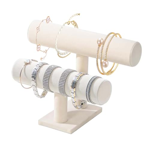 Ksvaye Organizador Pulseras Expositor Pulseras de 2 Niveles, Soporte para Pulseras, Pulsera Terciopelo T-Bar para Exhibición Collares, Relojes, Pulseras, Tobillera(blanco)