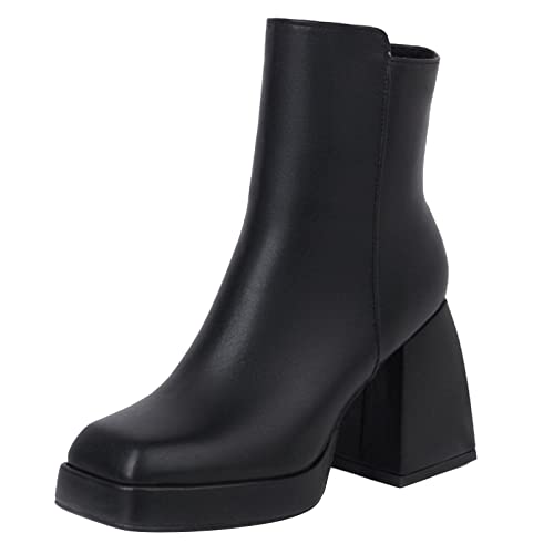 JINFAXIE Women's Chunky High Heeled Zipper Ankle Boots (7, Black)