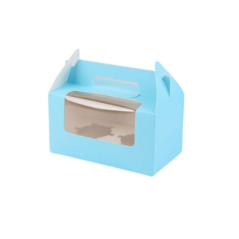 100Pcs 16.5×9.5×9cm/6.49×3.74×3.54 inch Kraft Paper Cupcake Packing Box Christmas Gift Box with Clear Window 2 Cavity Muffin Cupcake Wedding Party Birthday Favors (Blue)