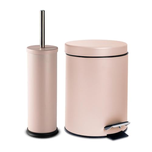 Harbour Housewares 3L Bathroom Bin & Brush Set - Matte Pink - 2pc Round Stainless Steel Pedal Bin & Toilet Brush Set Slim Small Trashcan for Kitchen Waste Bathroom Rubbish