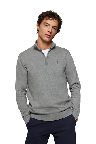 Polo Club Pull Gris chiné en Maille à col Montant et Fermeture éclair et Logo brodé Homme