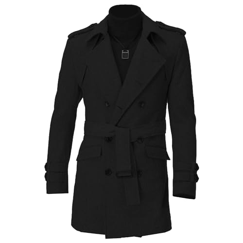 Mens Business Casual Trench Coat Slim Fit Notched Collar Warm Long Overcoat Fall Winter Double Breasted Pea Coat