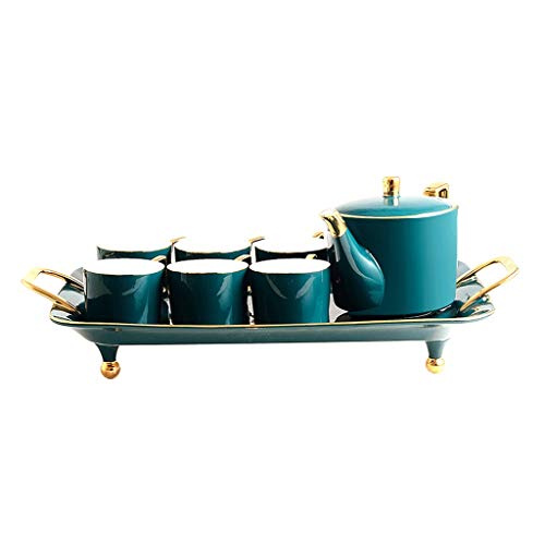 NJBYX Juego de té de café de cerámica Nórdico Dibujo Oro Verde Cafetera Taza Jarra de leche Azúcar Bandeja Set de té de…