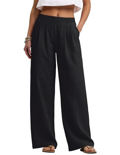 Rapbin Schwarz Damen Leinenhose Weit Geschnitten Sommerhose mit Elastischem Bund und Taschen Baumwoll Leinen Culotte für Freizeit und Büro M