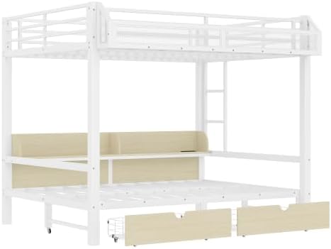 Bellemave Queen Over Queen Metal Bunk Bed with 2 Drawers, Shelves, LED Lights & USB Ports, the Lower Can be Converted into Sofa, Multifunctional Bunk Beds Frame for Kids Teens, White