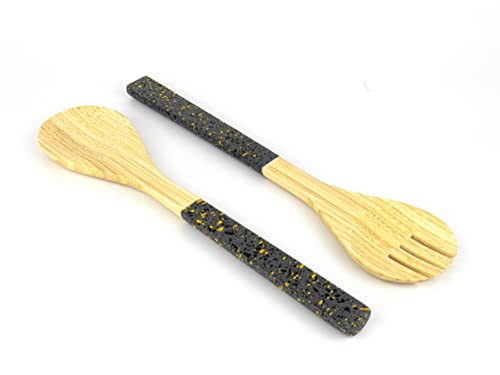 Jungle Culture® Ensaladera grande de bambú • Pinzas de madera natural con asas de estilo terrazo negro • Vajilla de ensalada de frutas y madera • Juego de cubiertos de cuchara y tenedor
