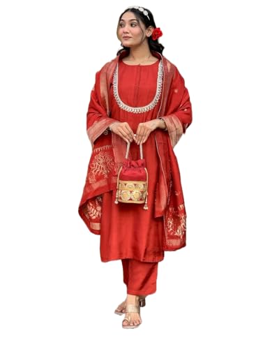 Image of Yashika Women's Silk Blend Jacquard Kurta and Pant with Dupatta Set and Khatali Work Suitable For Every Indian Occasion