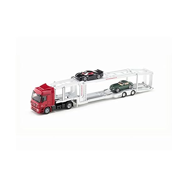siku 3934, Autotransporter, Inkl. 2 Spielzeug-Autos, 1:50, Metall/Kunststoff, Rot/Silber, Abkoppelbarer Auflieger