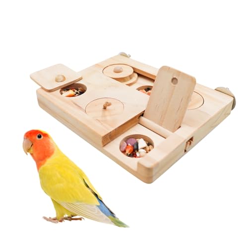 MinrzPet Wooden Bird Foraging Puzzle – Interactive Food Challenge Toy with Sliding Blocks & Locks | Cage-Mounted Enrichment for Budgies, Cockatiels, Conures