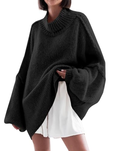 Image of Saodimallsu Womens Oversized Sweaters Mock Neck Batwing Long Sleeve 2026 Fall Trendy Ribbed Knit Casual Tunic Sweater