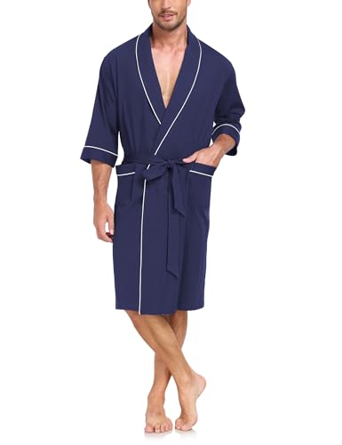 EA'S SECRET 100% Cotton Men's Lightweight Robe Summer Short Sleeve Bathrobe Soft Knee Length Robe with Pockets