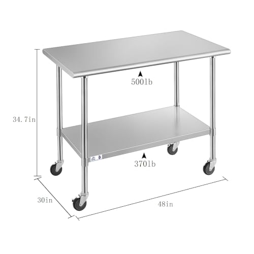 Image of ROCKPOINT Stainless Steel Table for Prep & Work with Caster Wheels 30x48 Inches, NSF Metal Commercial Kitchen Heavy Duty Table with Adjustable Under Shelf and Table Foot for Restaurant, Home and Hotel